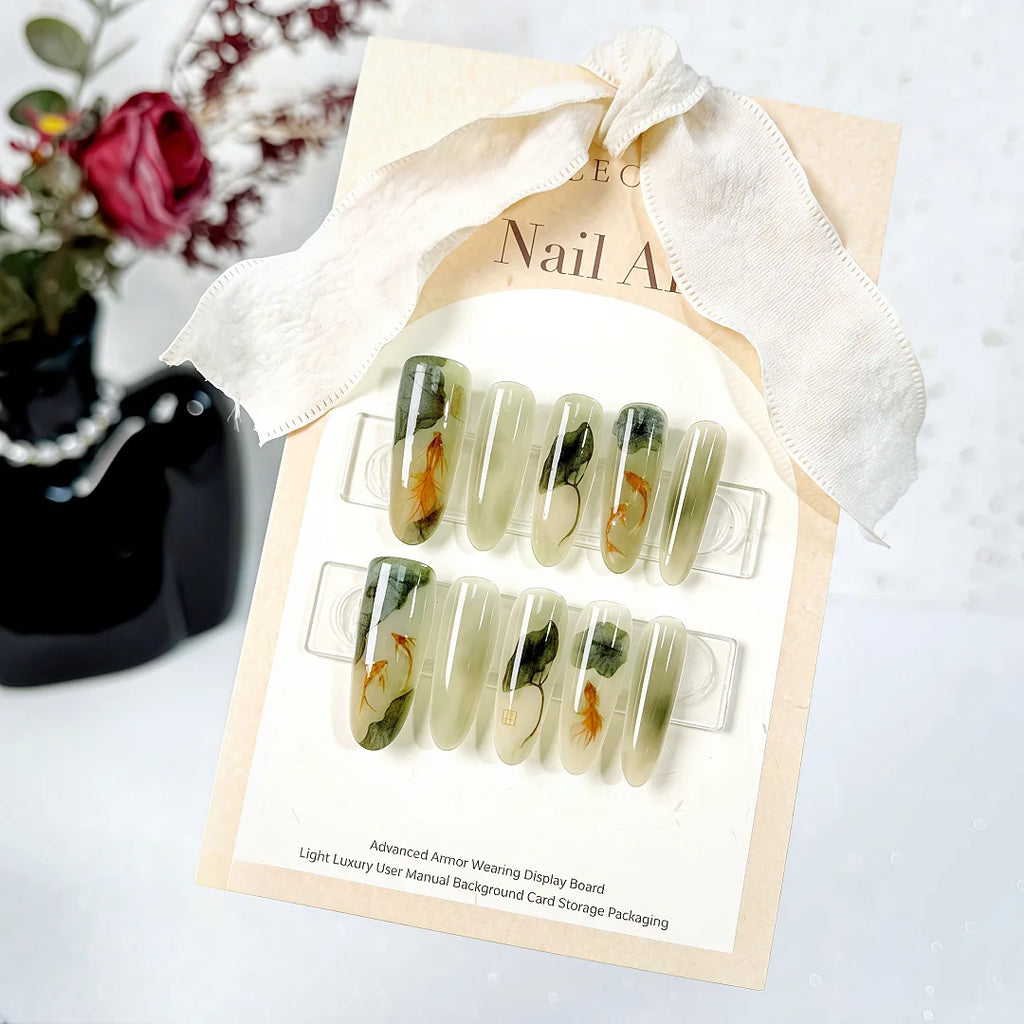 10pcs/set Glossy Long Squoval Press on Nails Fish Lotus Flower Pattern Fake Nails with Reusable False Nails for Women and Girls