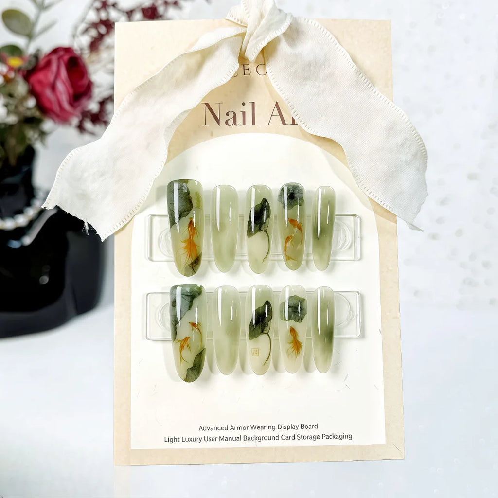10pcs/set Glossy Long Squoval Press on Nails Fish Lotus Flower Pattern Fake Nails with Reusable False Nails for Women and Girls